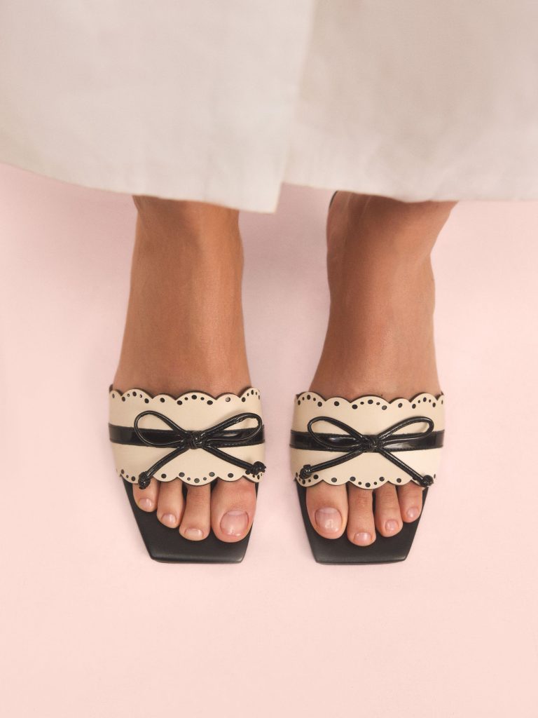 EN373 Black/White Tabitha Simmons x Minnie Leather Square Toe Lazer Cut Bow Mule Kitens Shoes