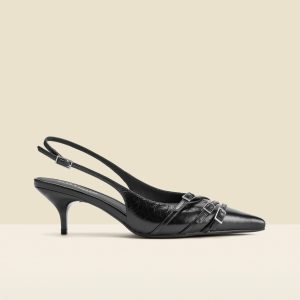 EN375 Black Leather Buckle Detail Kitten Heel Slingbacks