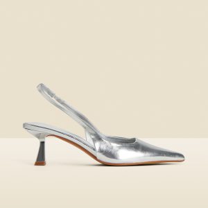 EN385 Silver Metallic Kitten Heel Slingback Shoes