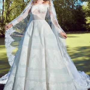 EN324 Embroidered Long Sleeves Lace Ball Gown