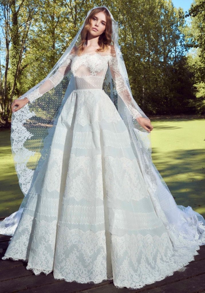 EN324 Embroidered Long Sleeves Lace Ball Gown